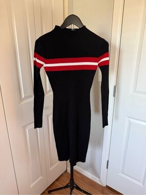 Lulu's Black Ribbed Long Sleeve Dress with Red & White Stripes